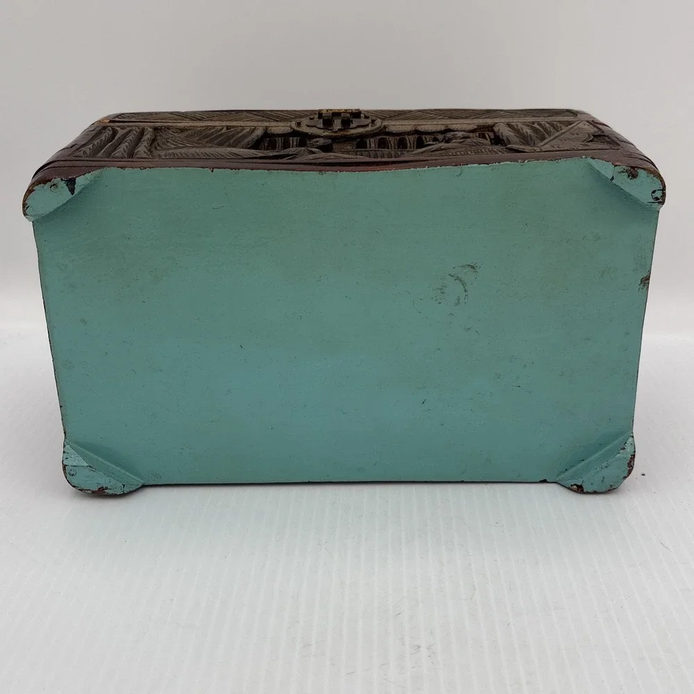 Vintage Carved Wood Jewelry Box Scene On Lid